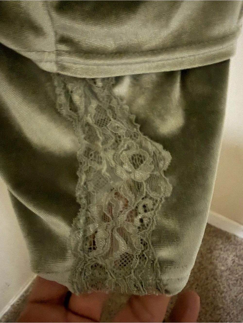 Danskin Sage Green Crushed Velvet 2PC Pajama Set Lace Trim Cami Shorts Size L